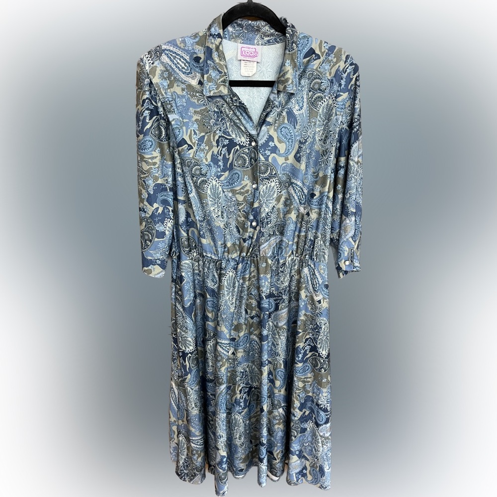 California Looks Vintage Midi Shirt Dress Blue Floral Paisley Made USA size 18